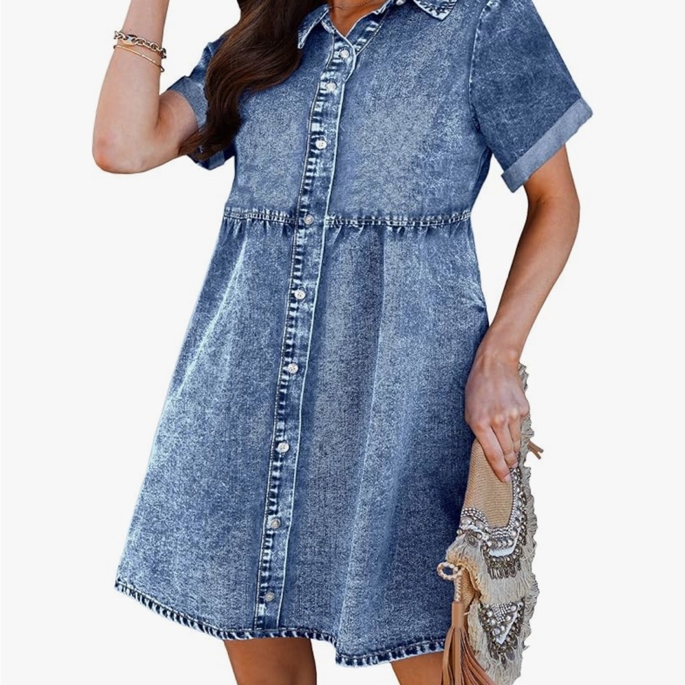 luvamia Women's Casual Short Sleeve Button Down Tiered
Denim Babydoll Jean Dress
